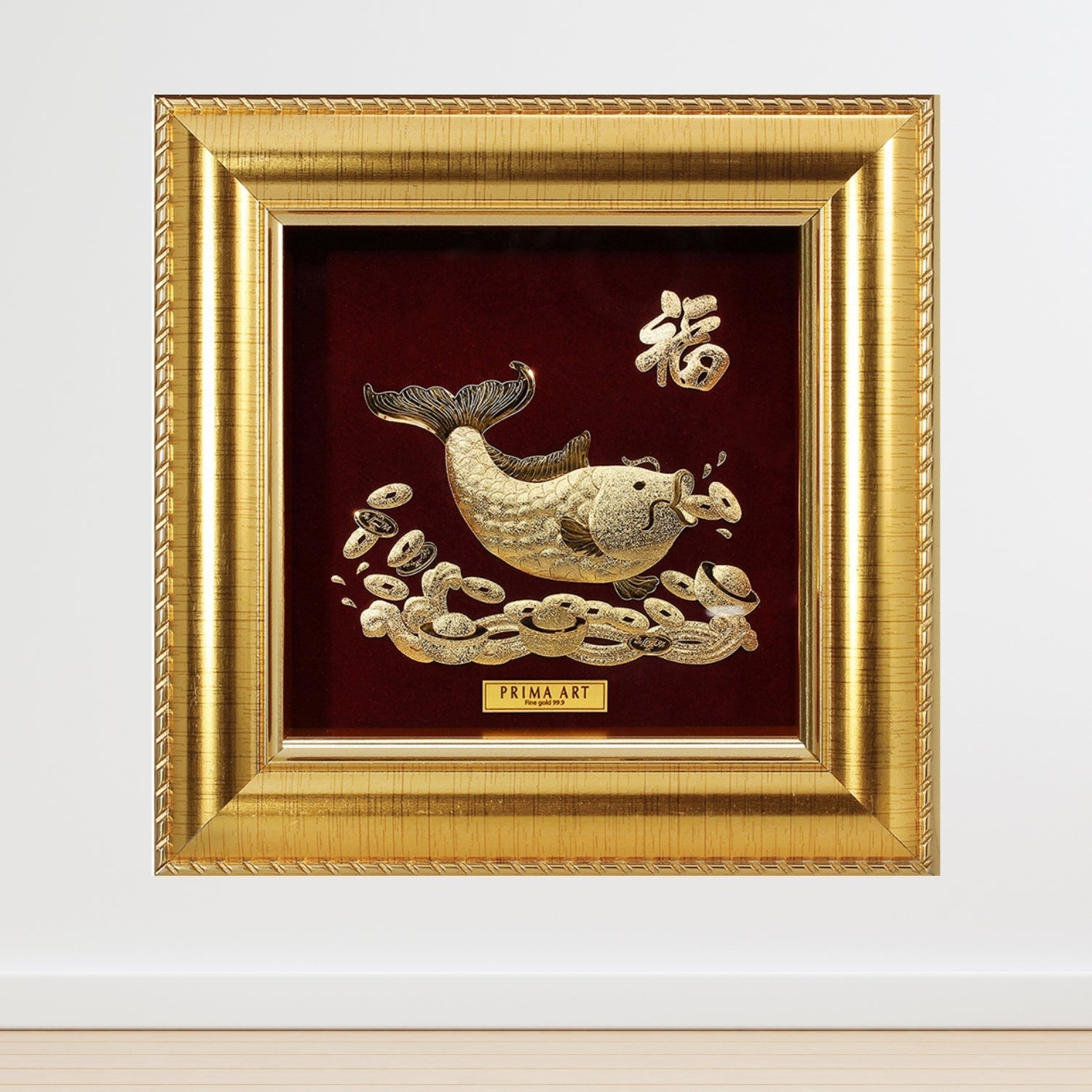 CGS-0371-10 The Golden Carp Hold Coins in Frame 16 x 16 cm
