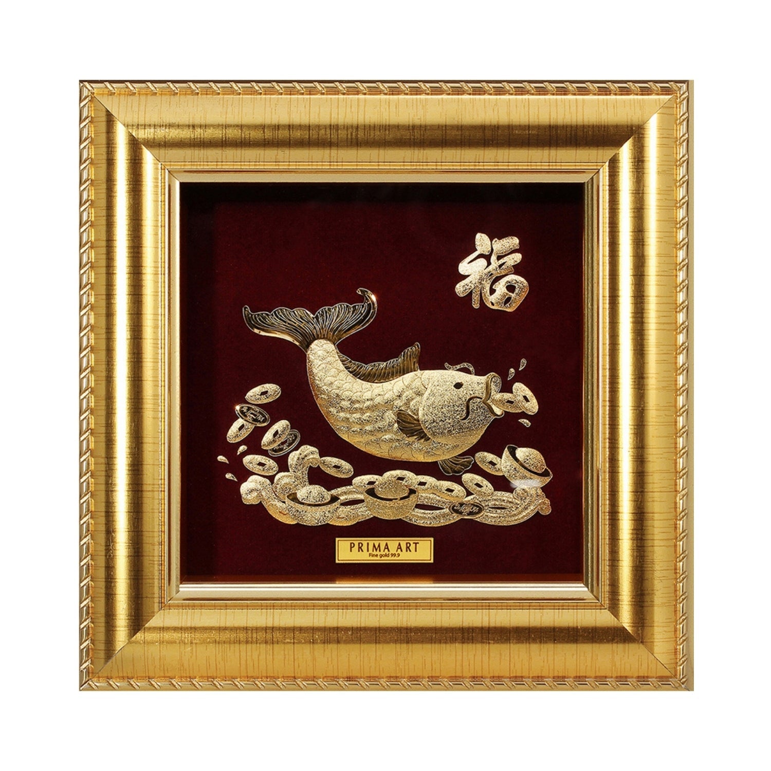 CGS-0371-10 The Golden Carp Hold Coins in Frame 16 x 16 cm