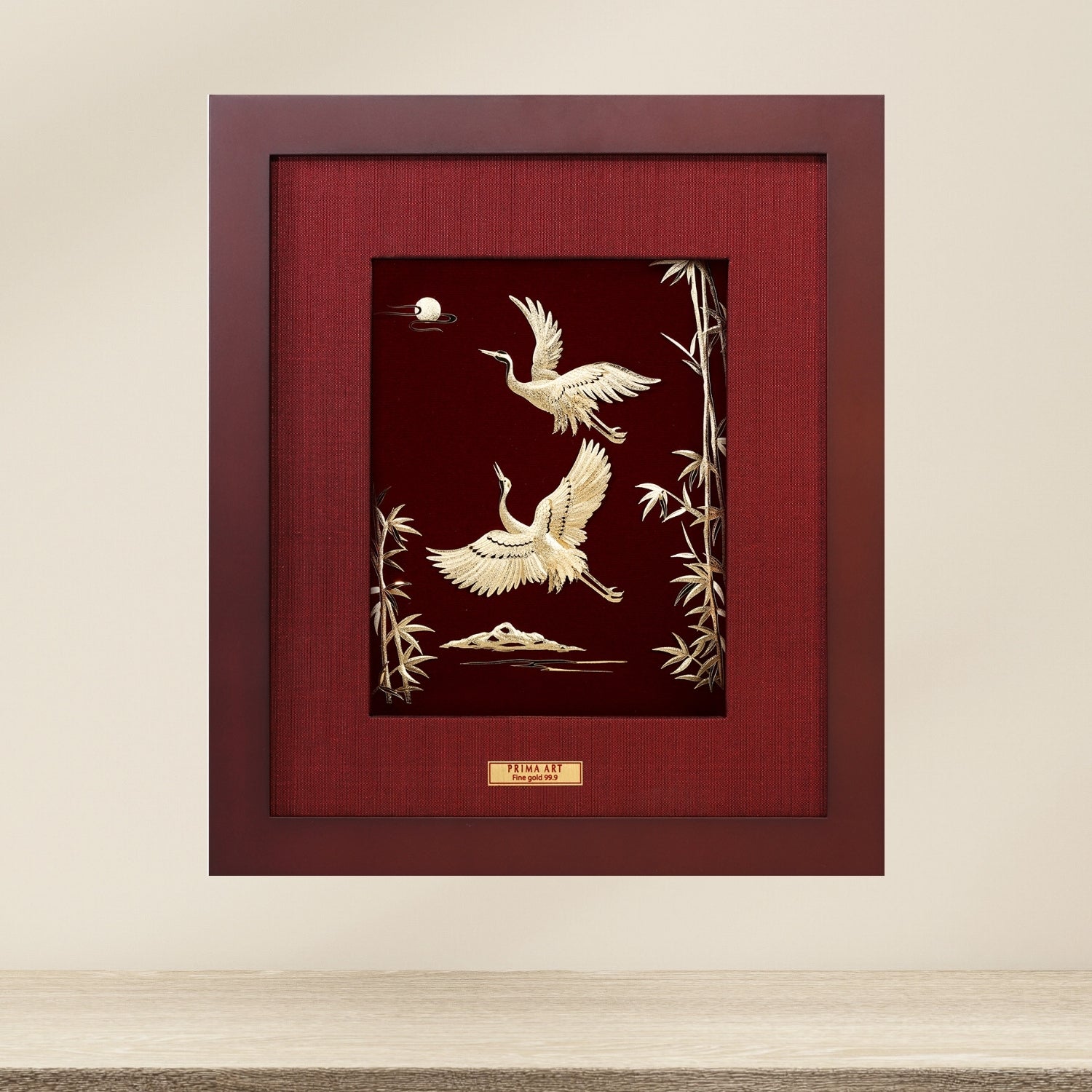 CGS-0466-14 Golden Cranes With Bamboo Tree in Frame 25 x 29 cm