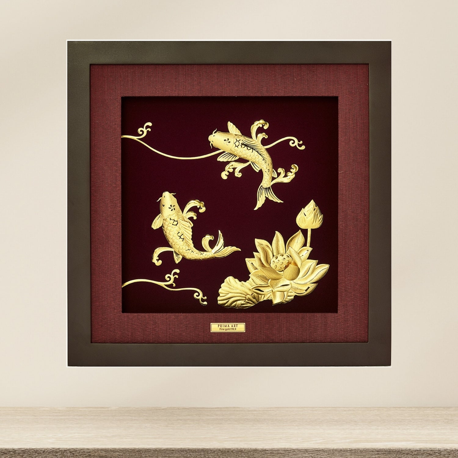 CGS-0539-01 Golden Carp With Royal Lotus in Frame 35 x 35 cm