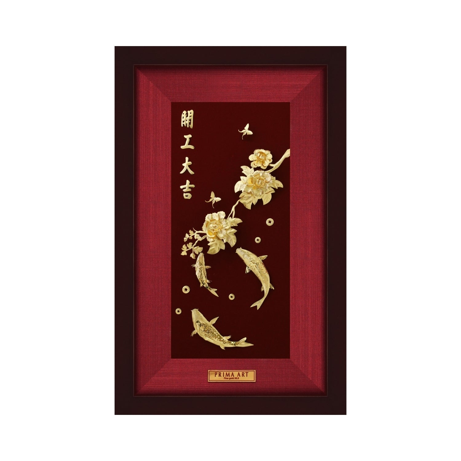 CGS-0626-01 Golden Carp With Lucky Flower in Frame 25 x 40 cm
