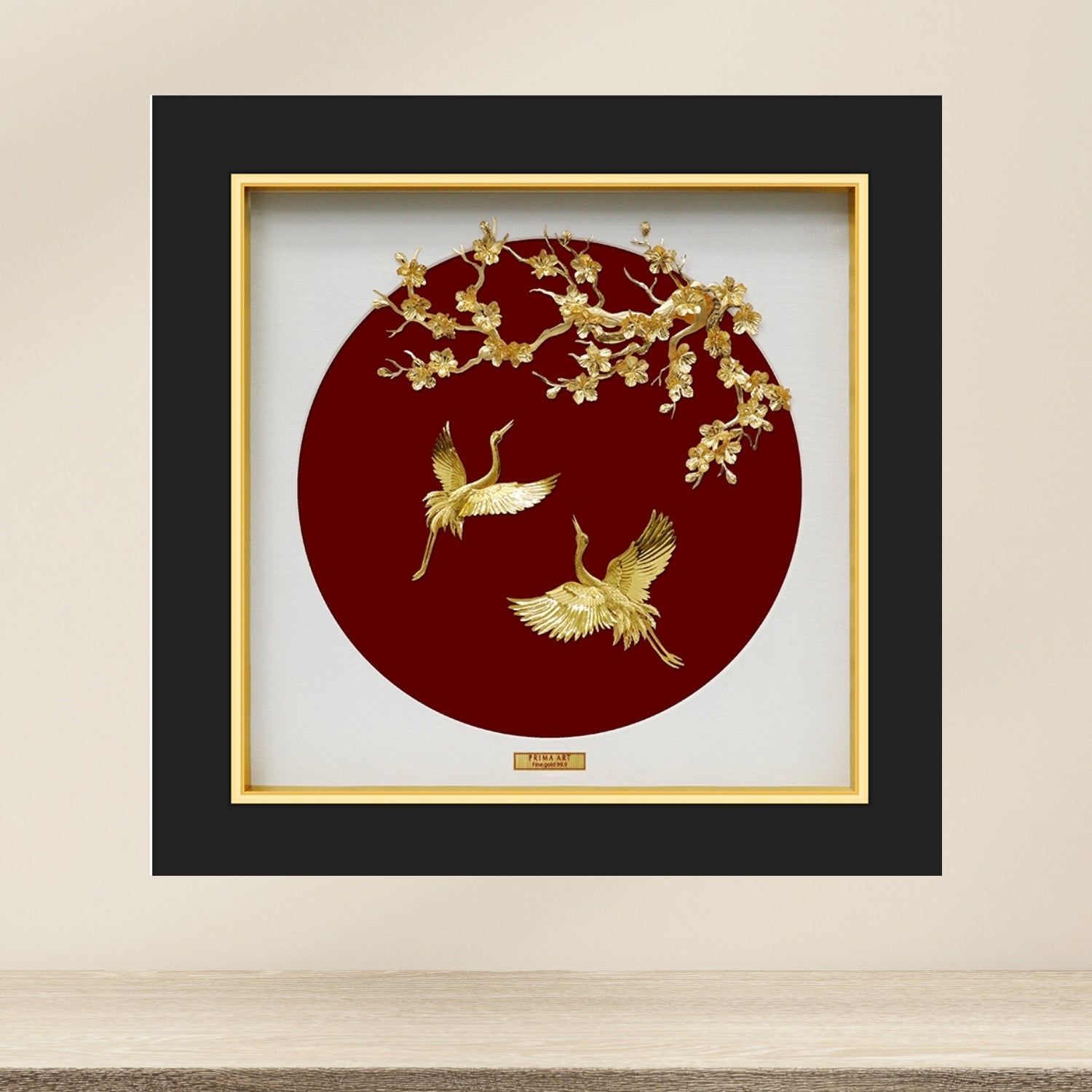 CGS-0758-01 NOBLE Original, Couple Cranes Flying Under Apricot Blossom Tree Branch in Frame 35 x 35 cm