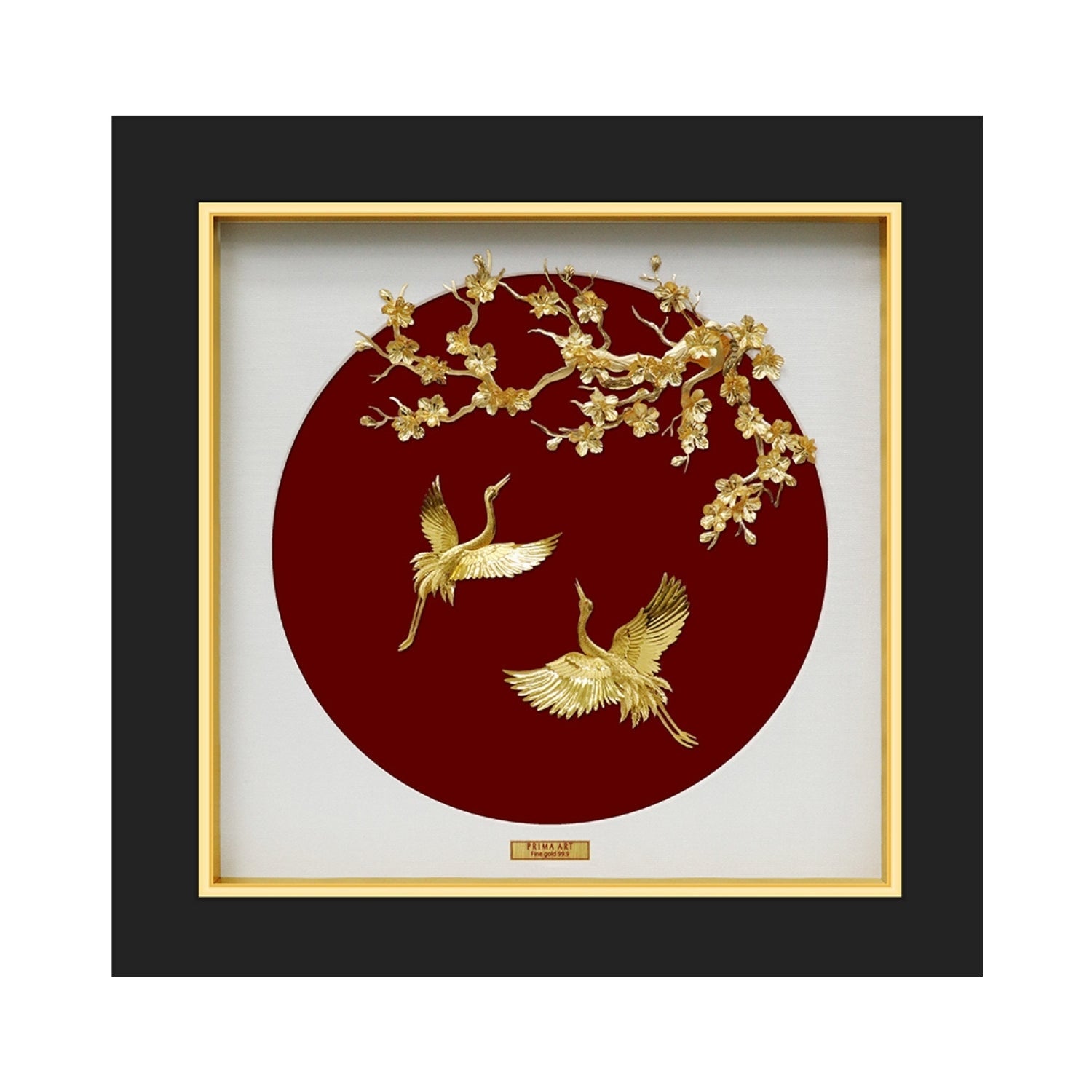 CGS-0758-01 NOBLE Original, Couple Cranes Flying Under Apricot Blossom Tree Branch in Frame 35 x 35 cm