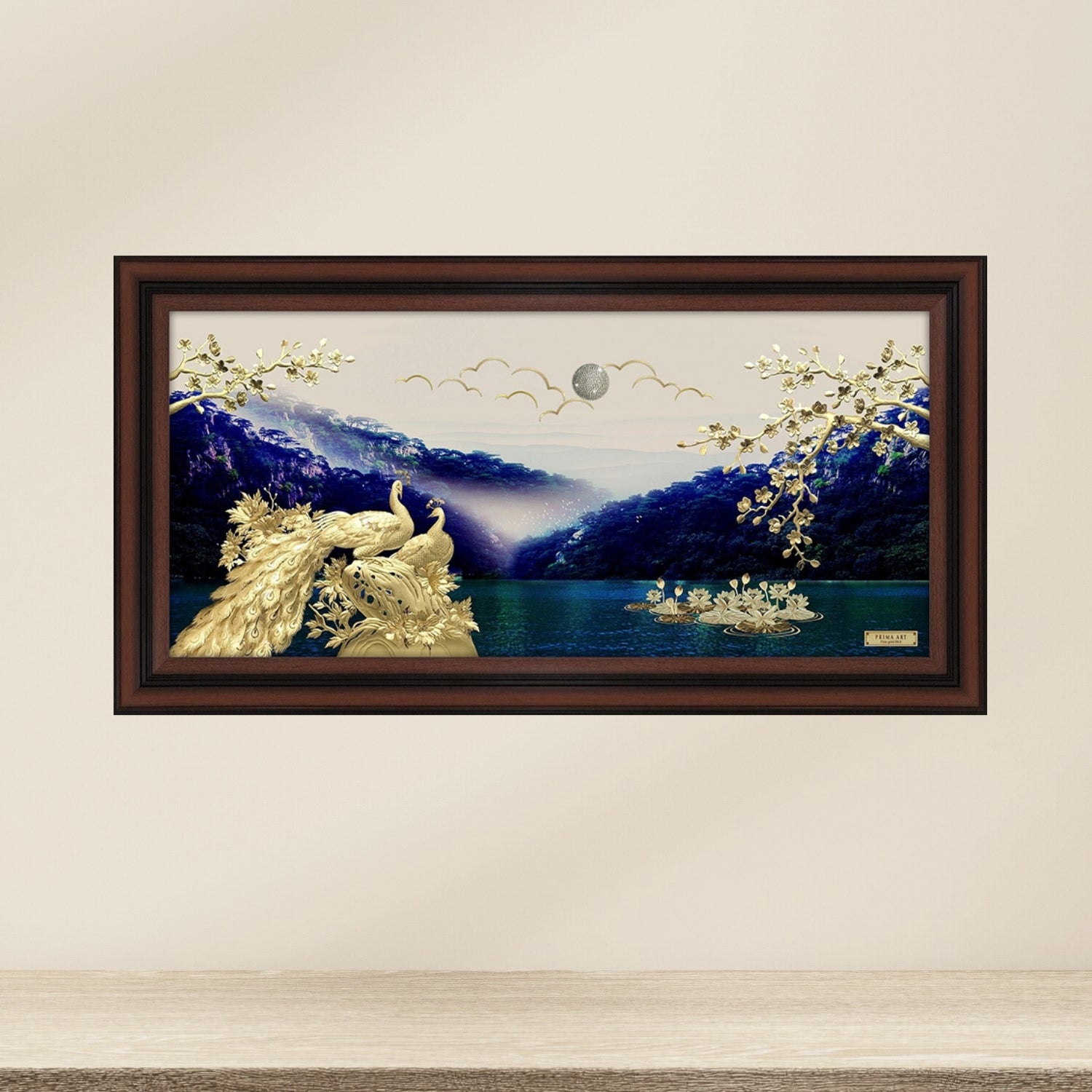CGS-0801-01 The LUXE, Happy Peacocks In The Scenic  Moutain View From The Lake in Frame 140 x 70 cm