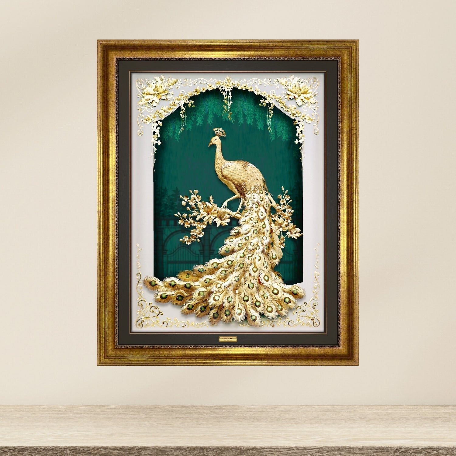 MGS-0058-01 NOBLE Peafowl, Elegant Peacock In The Flower Garden in Frame 100 x 125 cm