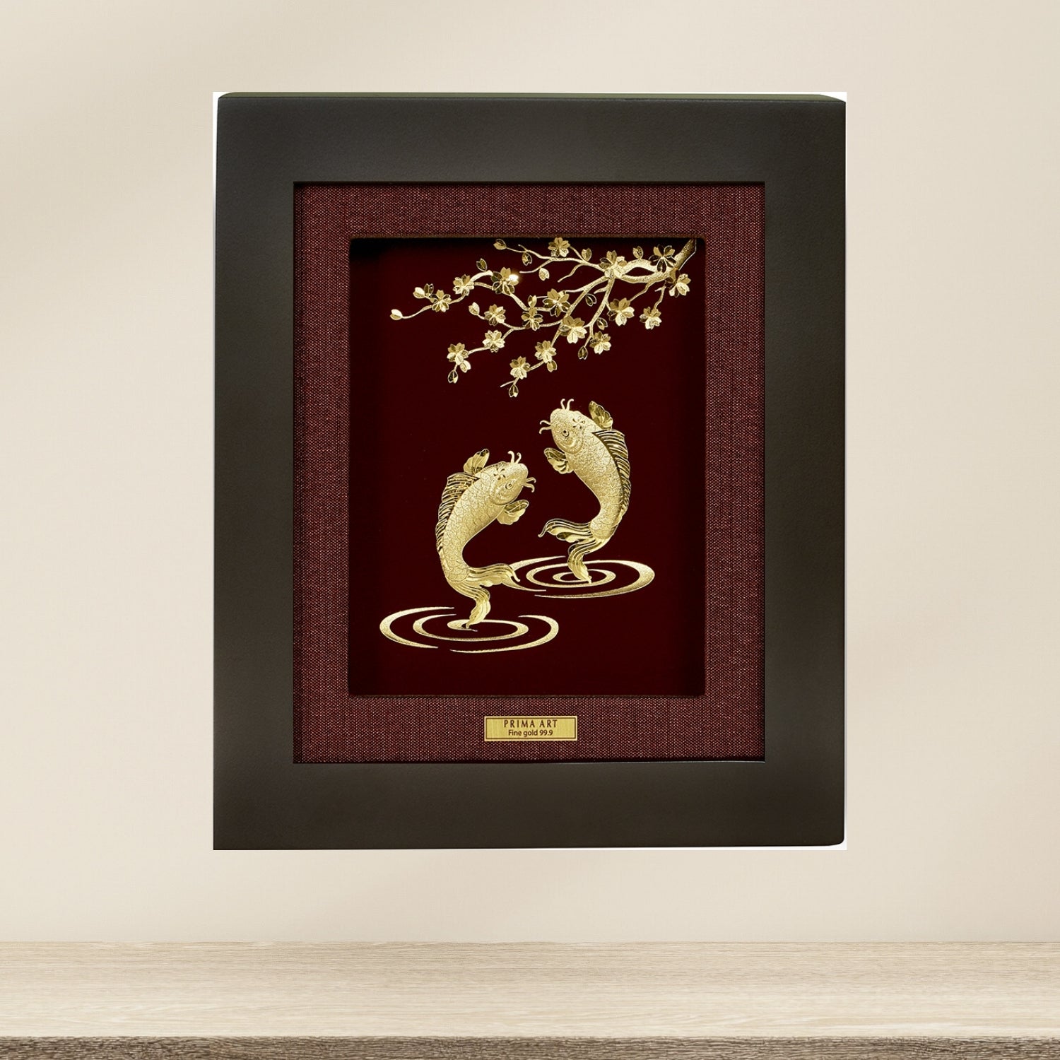 CGS-0150-65 Golden Couple Carps And Apricot Blossom in Frame 18 x 20 cm
