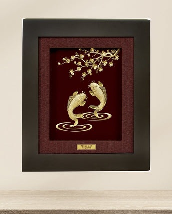 CGS-0150-65 Golden Couple Carps And Apricot Blossom in Frame 18 x 20 cm