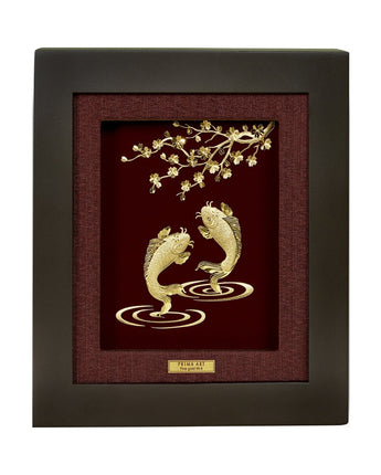CGS-0150-65 Golden Couple Carps And Apricot Blossom in Frame 18 x 20 cm