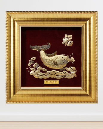 CGS-0371-10 The Golden Carp Hold Coins in Frame 16 x 16 cm