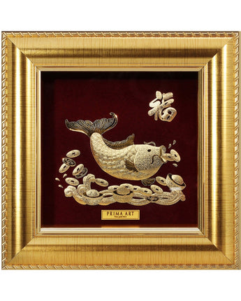 CGS-0371-10 The Golden Carp Hold Coins in Frame 16 x 16 cm