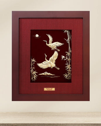 CGS-0466-14 Golden Cranes With Bamboo Tree in Frame 25 x 29 cm