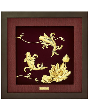 CGS-0539-01 Golden Carp With Royal Lotus in Frame 35 x 35 cm