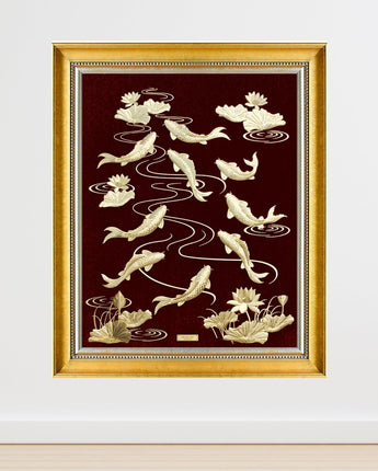 CGS-0646-01 Nine Fishs Gathering Brings Luck And Prosperity in Frame 100 x 125 cm