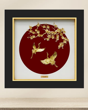 CGS-0758-01 NOBLE Original, Couple Cranes Flying Under Apricot Blossom Tree Branch in Frame 35 x 35 cm