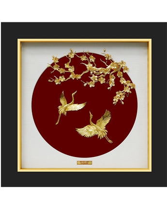 CGS-0758-01 NOBLE Original, Couple Cranes Flying Under Apricot Blossom Tree Branch in Frame 35 x 35 cm
