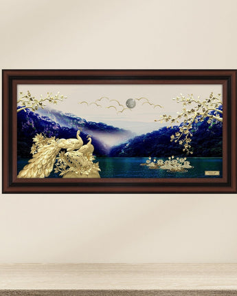 CGS-0801-01 The LUXE, Happy Peacocks In The Scenic  Moutain View From The Lake in Frame 140 x 70 cm