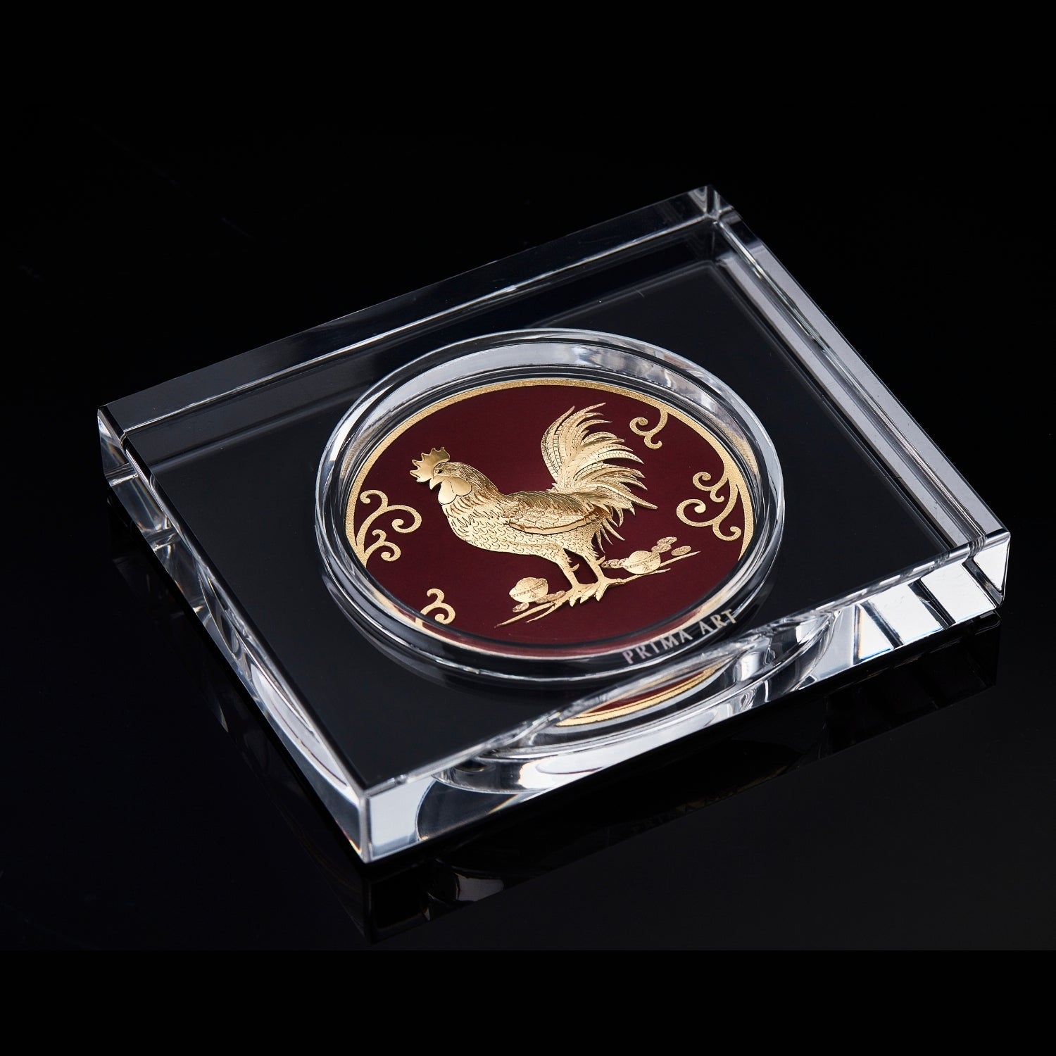 DGS-0029-03 Golden Chicken Brings Fortune in Paperweight Acryllic 12 x 10 cm