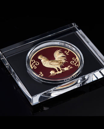DGS-0029-03 Golden Chicken Brings Fortune in Paperweight Acryllic 12 x 10 cm