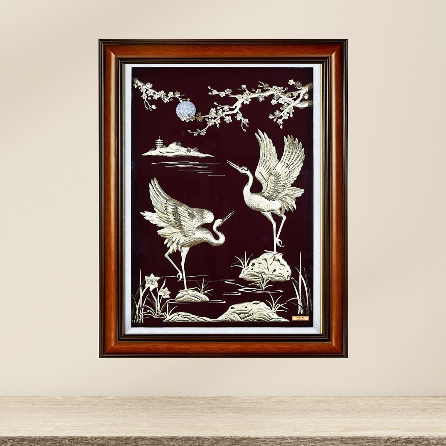 MGS-0033-01 Couple Cranes See Apricot Blossom Under Moonlight in Frame 60 x 77 cm