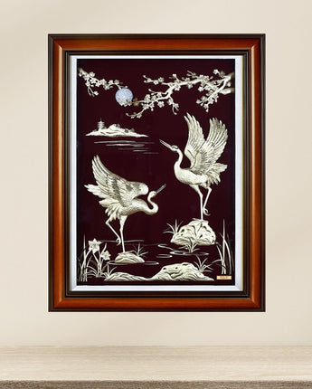 MGS-0033-01 Couple Cranes See Apricot Blossom Under Moonlight in Frame 60 x 77 cm