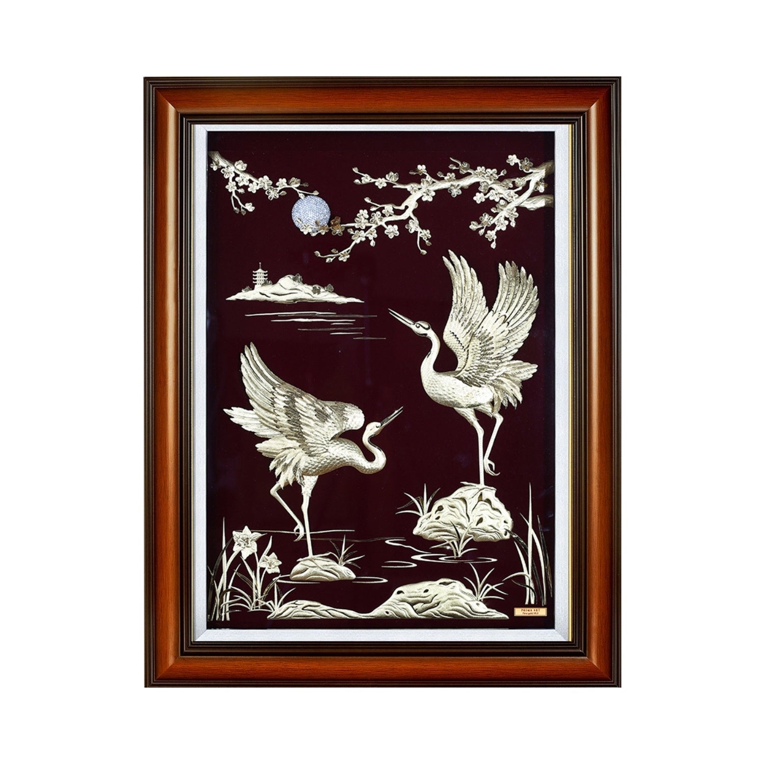 MGS-0033-01 Couple Cranes See Apricot Blossom Under Moonlight in Frame 60 x 77 cm