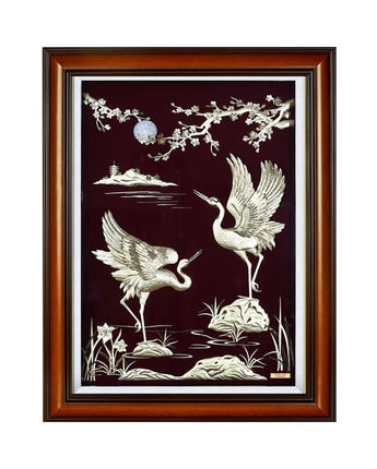 MGS-0033-01 Couple Cranes See Apricot Blossom Under Moonlight in Frame 60 x 77 cm
